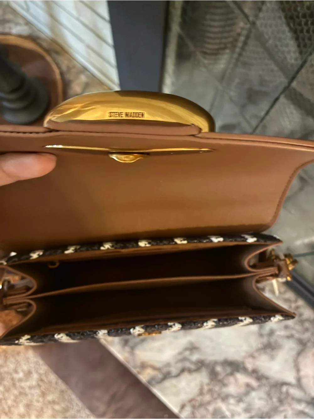 Steve Madden Brown and Navy Woven Style Top-Handle Satchel Crossbody with Tassel - Picture 13 of 16